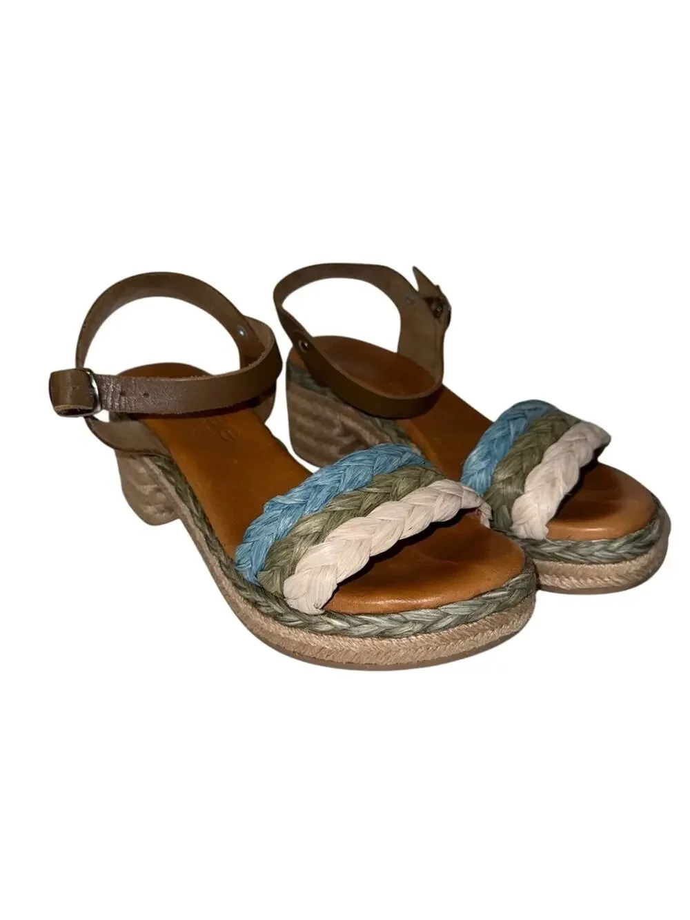 NWOT LIBERITAE ankle strap woven block heel boho vacation resort espadrilles 37